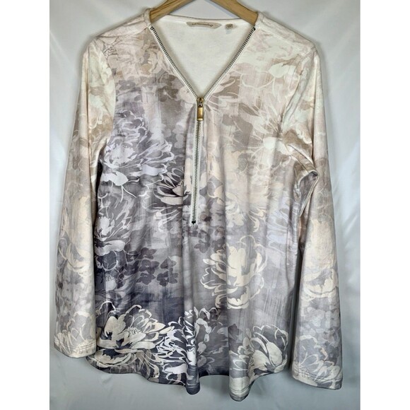 Soft Surroundings Floral Half Zip Long Sleeve Velvet Tunic Popover Top Large - Picture 2 of 8
